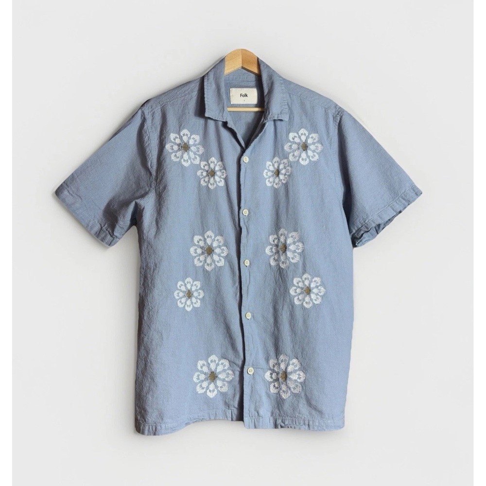 Folk Blue Embroidered Floral Linen Blend Button Front Size L
